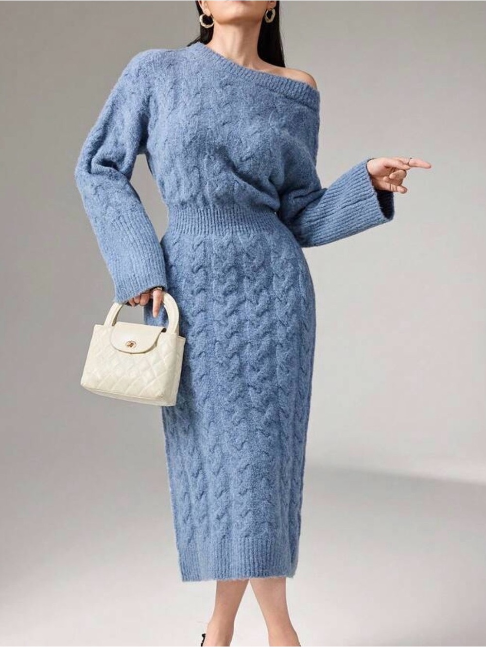 Source Unknown Cable Knit Midi Dress - Light Blue